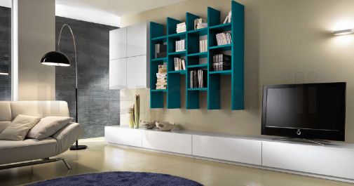 Комплект для гостиных NESTOS с яркой книжной полкой в матовом лаке