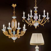 Настольная лампа с шелковым абажуром и подвесные люстры